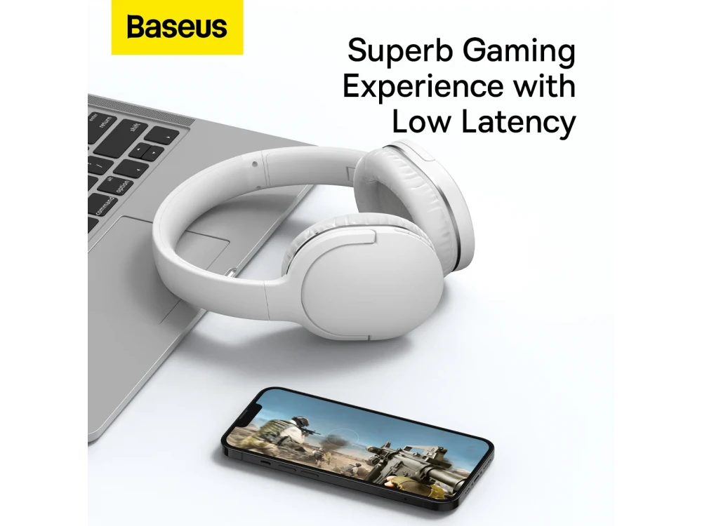 Baseus Encok D02 Pro Bluetooth 5.3 Headphones, Low Latency & 50H Playtime, White