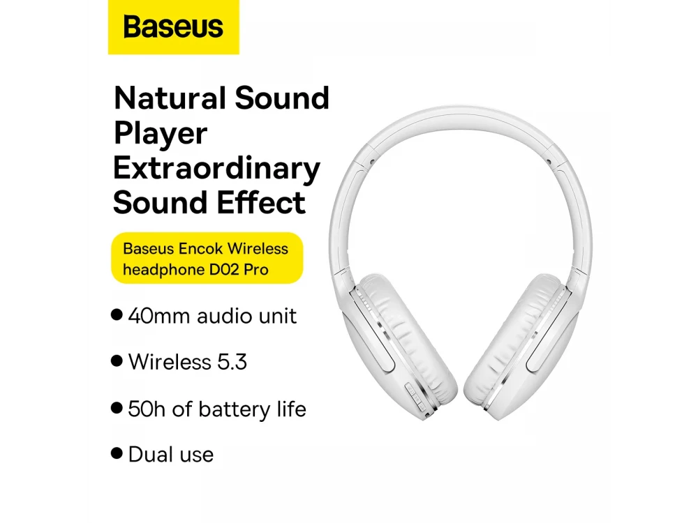 Baseus Encok D02 Pro Bluetooth 5.3 Headphones, Low Latency & 50H Playtime, White