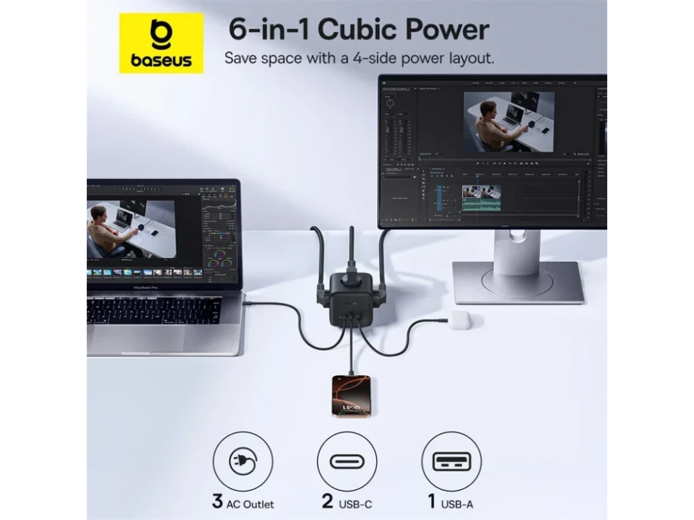 Baseus EnerFill FA11 GaN Cube 3-outlet Charging Station Power Strip, Power Strip with 2 Type-C Ports 67W PD 2 USB-A Ports 18W, Black