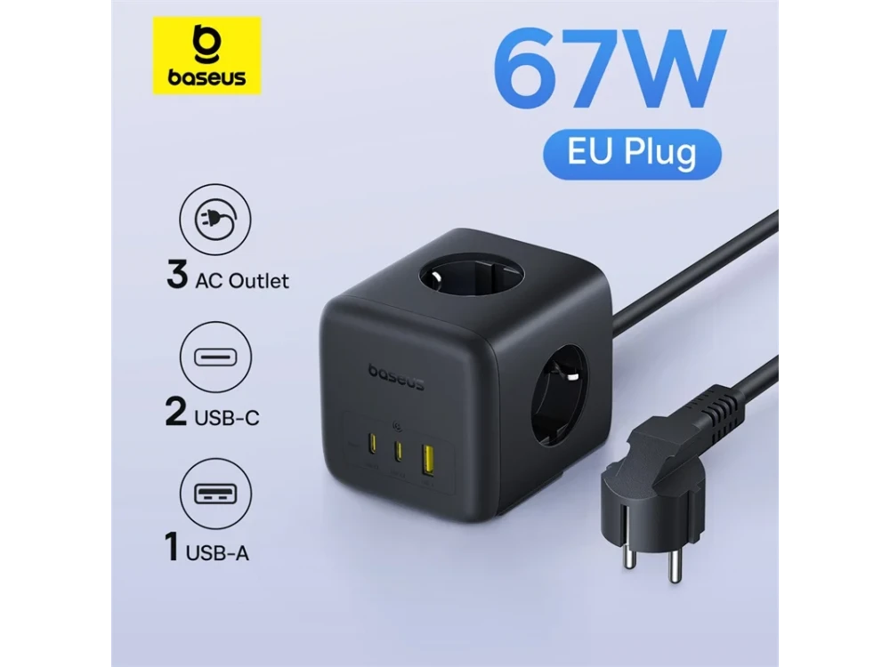 Baseus EnerFill FA11 GaN Cube 3-outlet Charging Station Power Strip, Power Strip with 2 Type-C Ports 67W PD 2 USB-A Ports 18W, Black