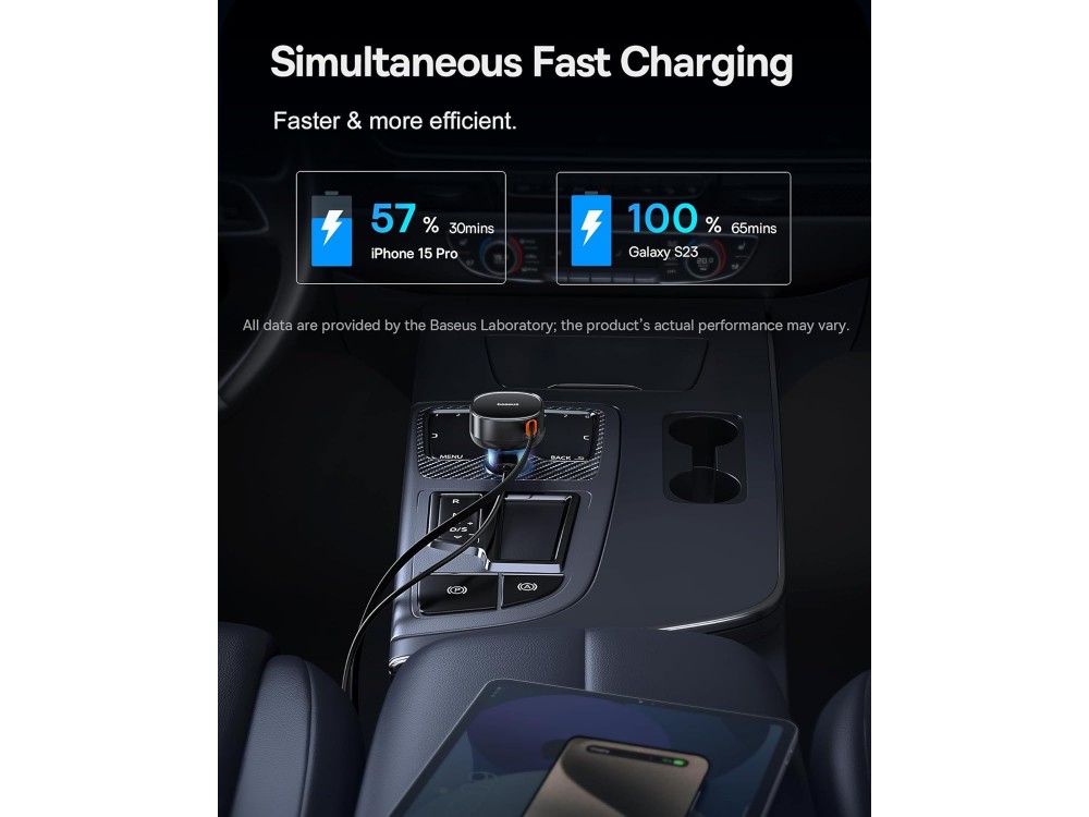 Baseus Enjoyment Pro, 60W Car Charger with 1xUSB-C & Built-in USB-C Cable, Black