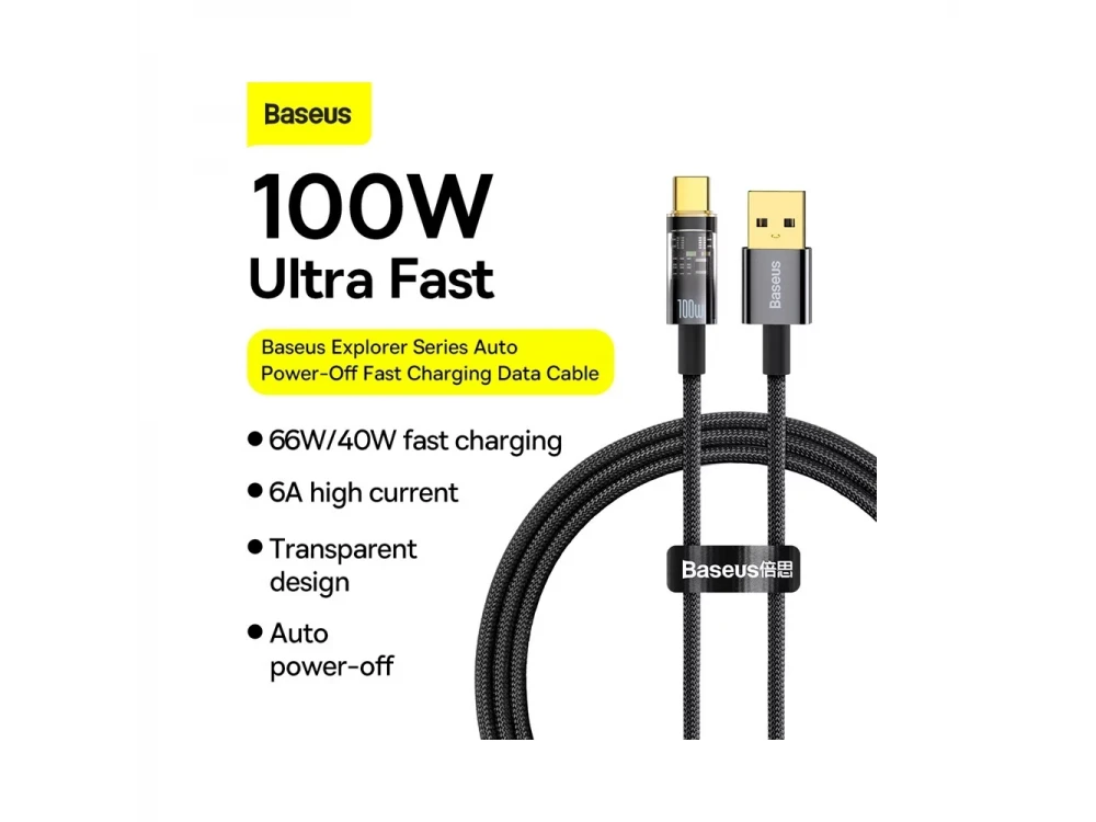 Baseus Explorer Cable USB-A to USB-C 100W with Nylon Braided 1m, Black