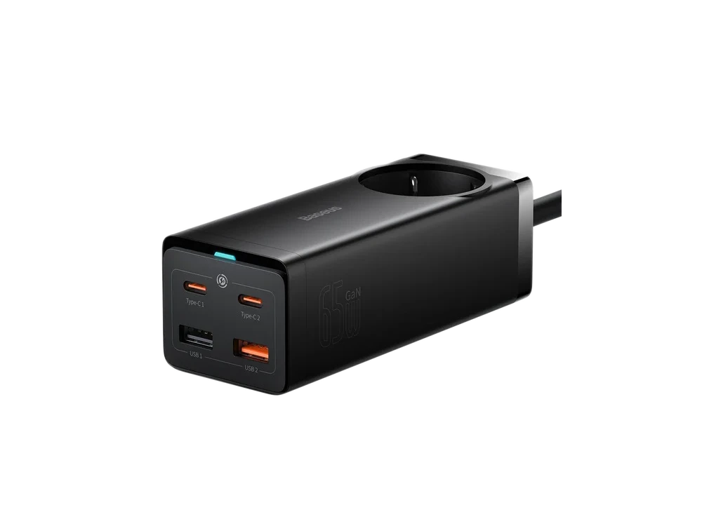 Baseus GaN3 Pro 65W Charging Station, with AC Outlet + 2x USB-C PD + 2x USB-A (15W+60W) with TYPE-C Cable 1m. + Power Cable 1.5m