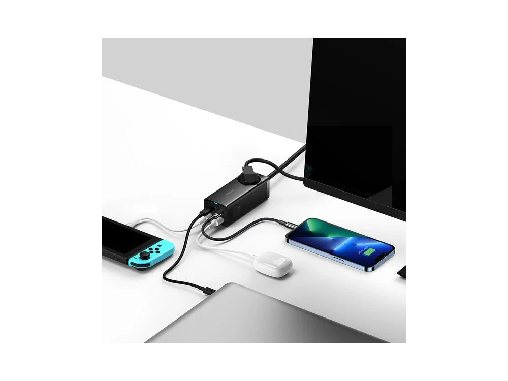 Baseus GaN3 Pro 65W Charging Station, with AC Outlet + 2x USB-C PD + 2x USB-A (15W+60W) with TYPE-C Cable 1m. + Power Cable 1.5m