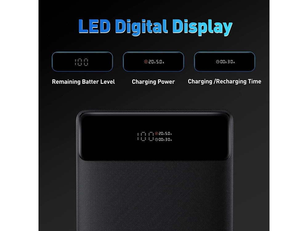 Baseus Power Bank 20000mAh QC 100W with 2 USB-A ports, 2 USB-C ports & USB-C 1m cable, Black