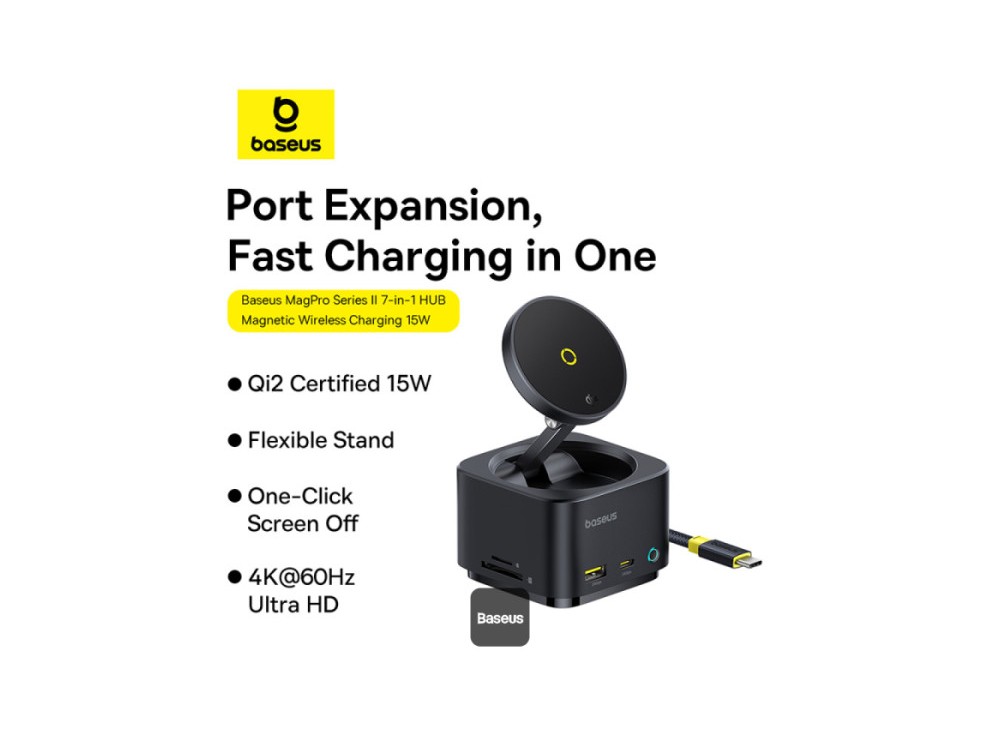 Baseus MagPro Series II 7-in-1 Qi2 15W + PD 100W Ασύρματος Μαγνητικός Φορτιστής MagSafe + Type-C Hub 4K@60Hz HDMI + USB-C 10Gbps