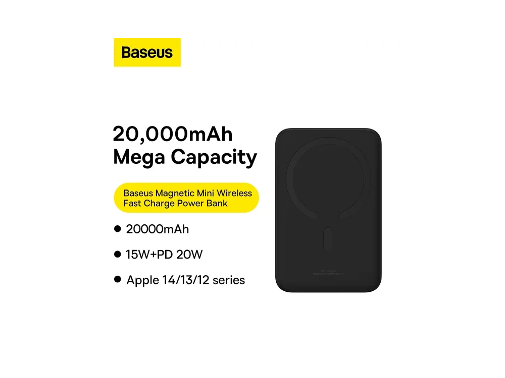 Baseus Mini Power Bank 20000mAh 20W with USB-C Power Delivery Port & Wireless Charging, Black