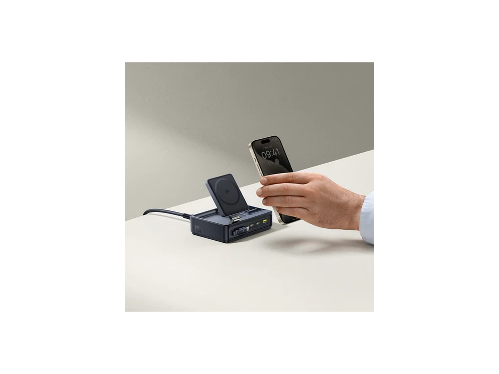 Baseus Nomos 5-in-1 Desktop Charging Hub Charger with Qi2 15W + 2 USB-C PD 140W Ports + USB-A 15W Port + Retractable USB-C 100W