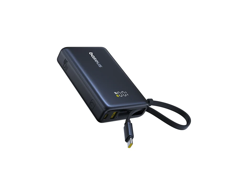 Baseus PicoGo Power Bank 10,000mAh with 45W Power Delivery, with Digital Display & Built-in USB-C Cable, Black