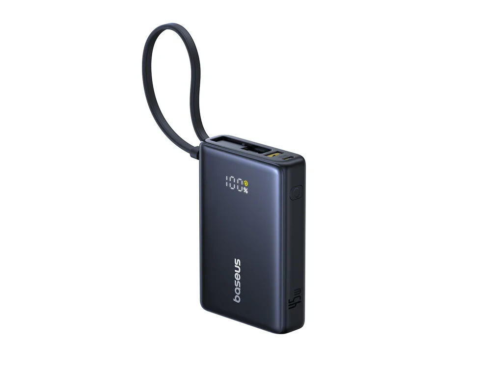Baseus PicoGo Power Bank 10,000mAh with 45W Power Delivery, with Digital Display & Built-in USB-C Cable, Black