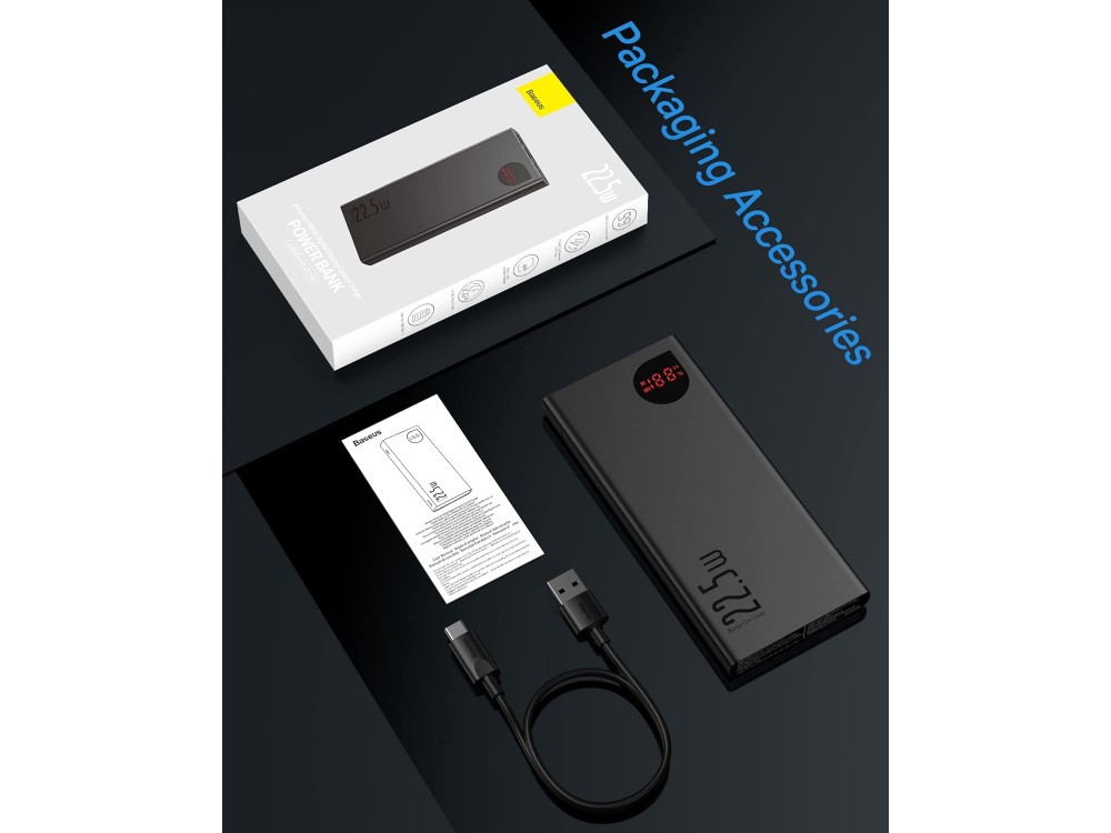 Baseus Power Bank 10000mAh 22.5W με 2 Θύρες USB-A & 1 Θύρα USB-C Power Delivery / Quick Charge 3.0, Μαύρο