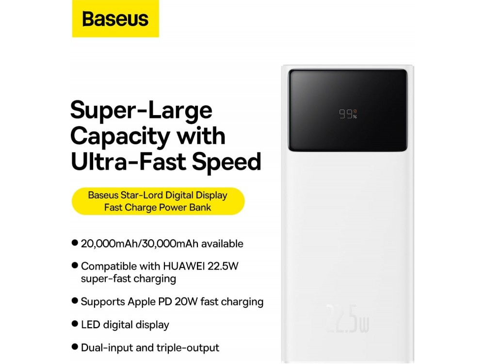 Baseus Star-Lord Power Bank 20000mAh 65W, with Digital Display, 2xUSB-A & 1xUSB-C, White