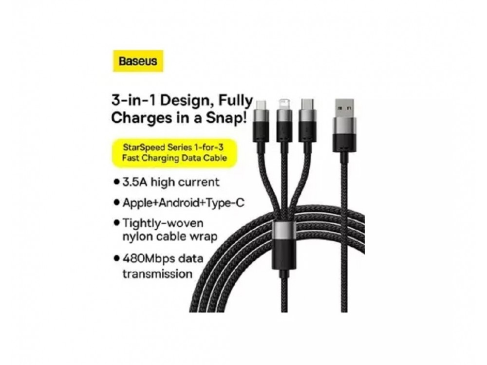 Baseus Starspeed 3-in-1 Cable USB-A to Lightning / USB-C / Micro USB with Nylon Braided 1.2m, Black