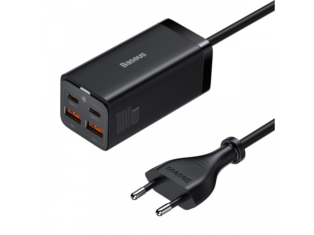 Baseus Φορτιστής 100W GaN3 Pro, Quick Charge 4.0 with Integrated Cable 1.5μ, with 2 USB-A Ports & 2 Ports USB-C, Black