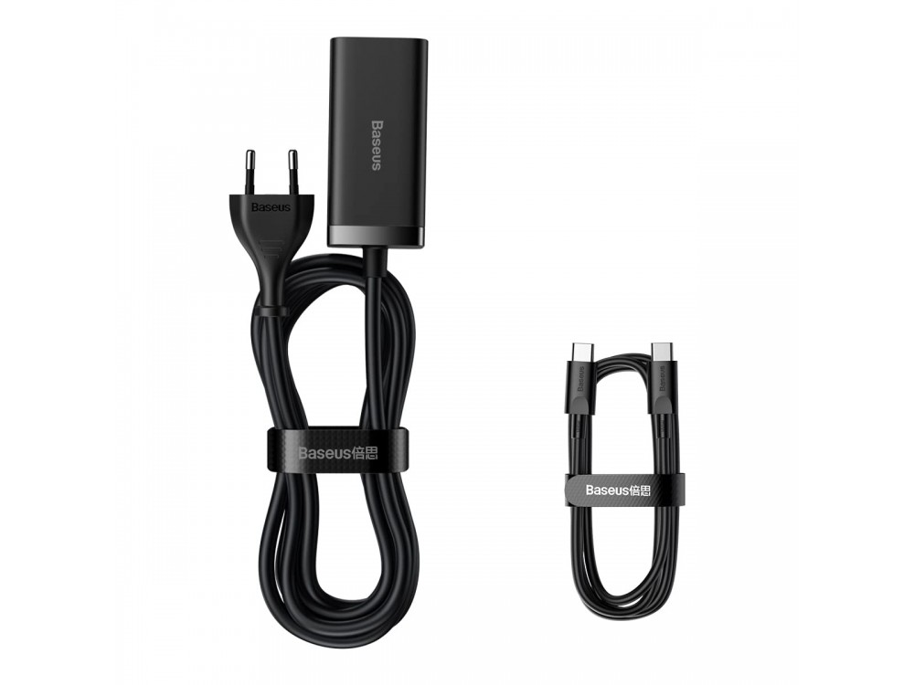 Baseus Φορτιστής 100W GaN3 Pro, Quick Charge 4.0 with Integrated Cable 1.5μ, with 2 USB-A Ports & 2 Ports USB-C, Black