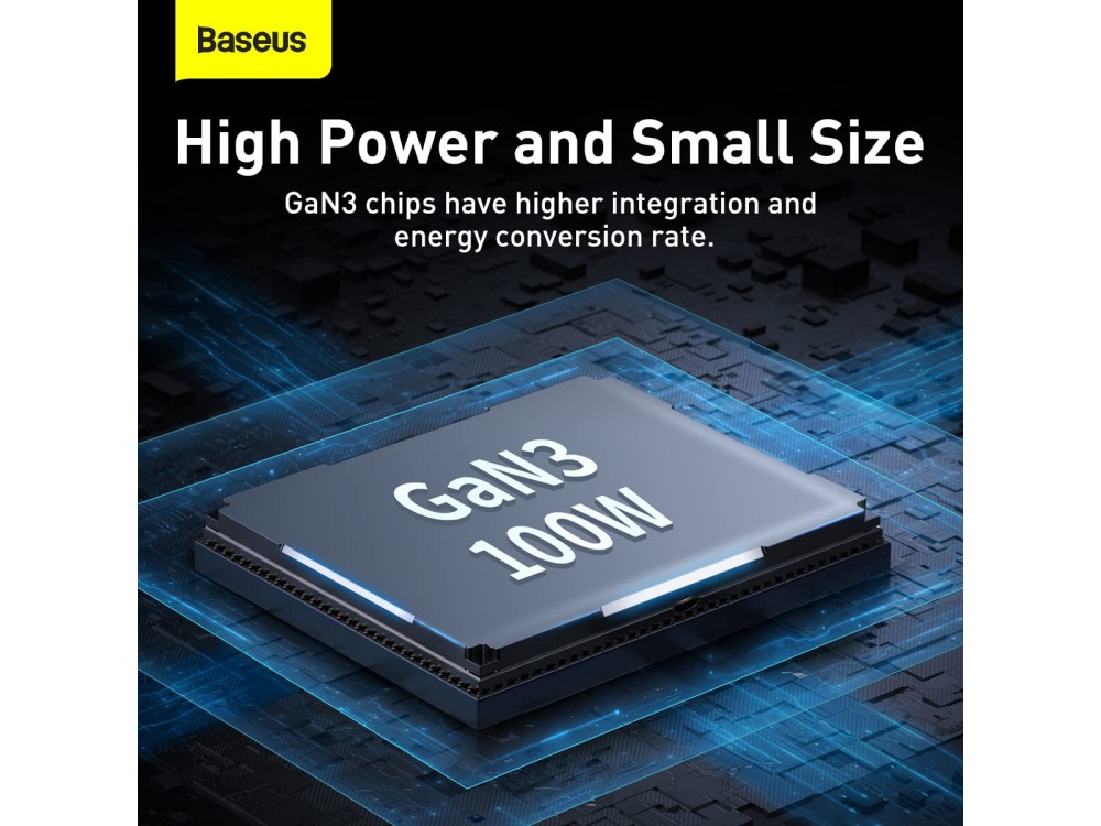 Baseus Φορτιστής 100W GaN3 Pro, Quick Charge 4.0 with Integrated Cable 1.5μ, with 2 USB-A Ports & 2 Ports USB-C, Black