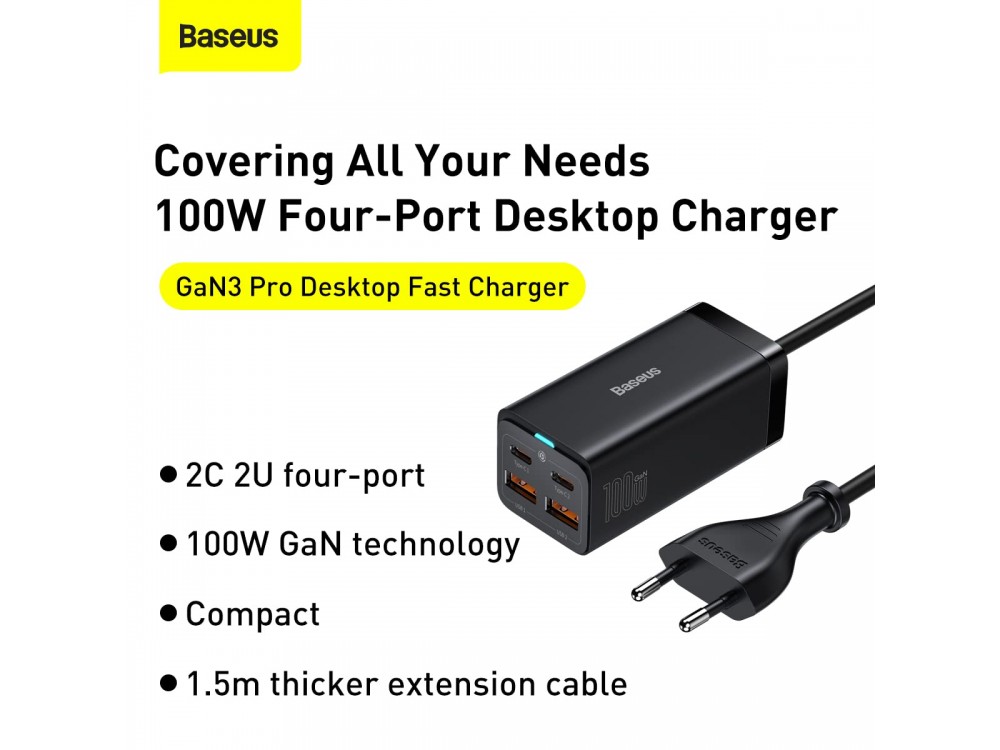 Baseus Φορτιστής 100W GaN3 Pro, Quick Charge 4.0 with Integrated Cable 1.5μ, with 2 USB-A Ports & 2 Ports USB-C, Black