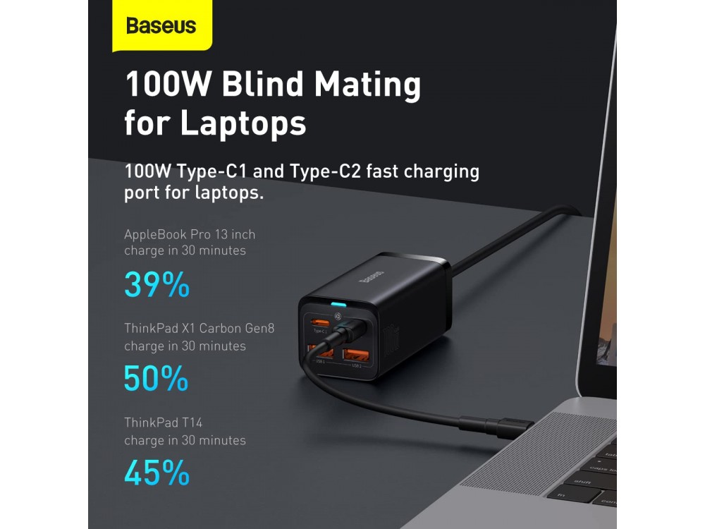 Baseus Φορτιστής 100W GaN3 Pro, Quick Charge 4.0 with Integrated Cable 1.5μ, with 2 USB-A Ports & 2 Ports USB-C, Black