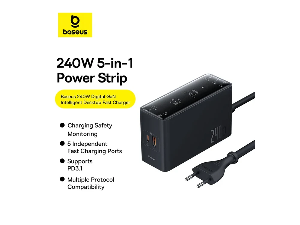 Baseus 240W GaN3 Pro Charger, with PD3.1 / QC4.0 / AFC & FCP Support, with 3 USB-C Ports & USB-A Port, Black