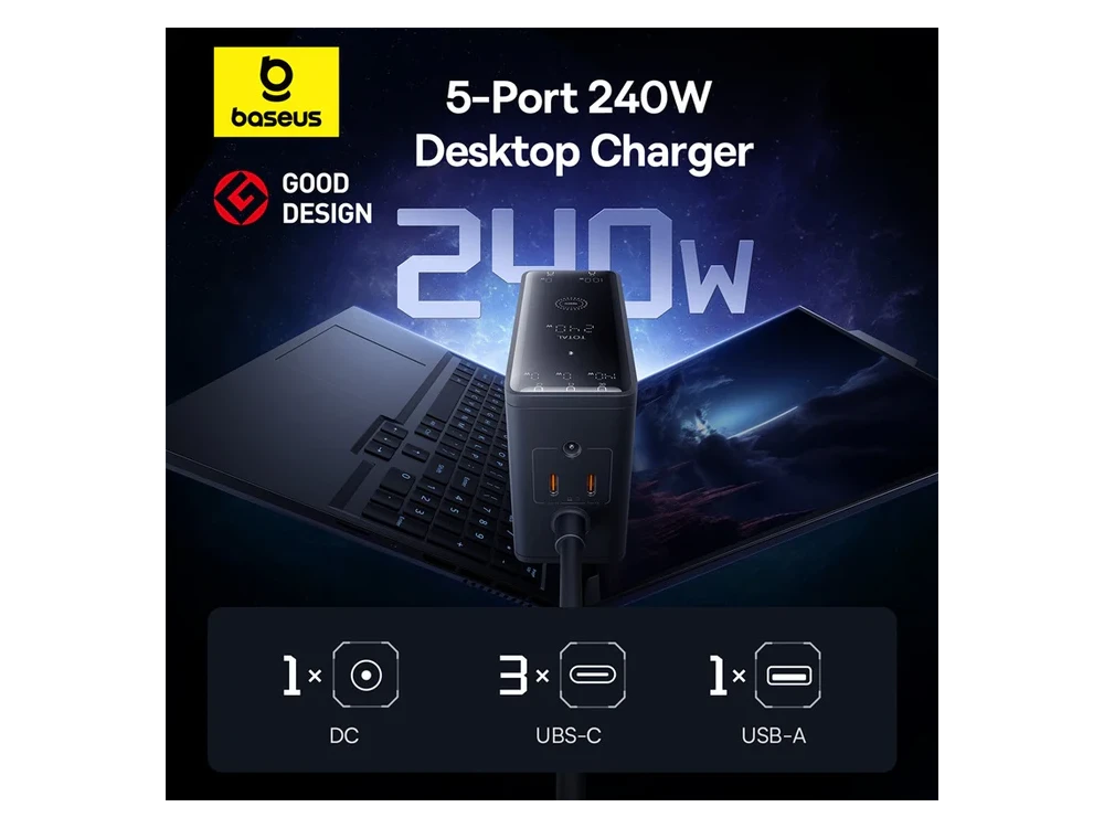 Baseus 240W GaN3 Pro Charger, with PD3.1 / QC4.0 / AFC & FCP Support, with 3 USB-C Ports & USB-A Port, Black