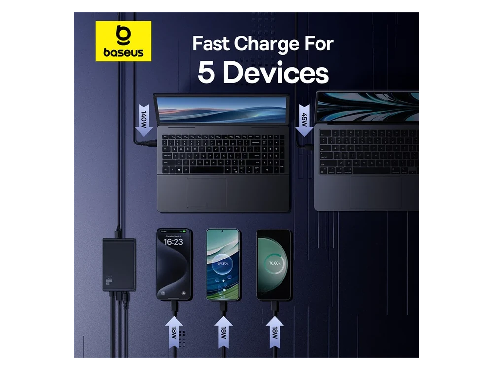 Baseus 240W GaN3 Pro Charger, with PD3.1 / QC4.0 / AFC & FCP Support, with 3 USB-C Ports & USB-A Port, Black