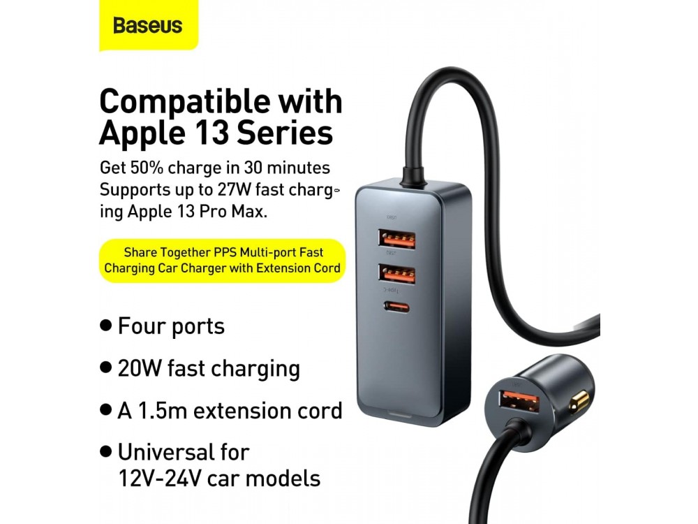 Baseus Car Charger 120W with 3xUSB-A, 1xUSB-C & 1.5m Cable, Gray