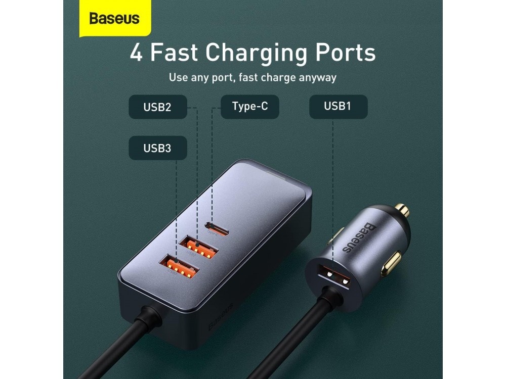 Baseus Car Charger 120W with 3xUSB-A, 1xUSB-C & 1.5m Cable, Gray