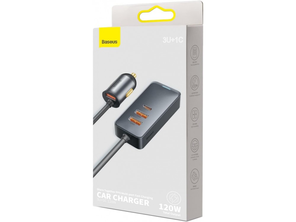 Baseus Car Charger 120W with 3xUSB-A, 1xUSB-C & 1.5m Cable, Gray