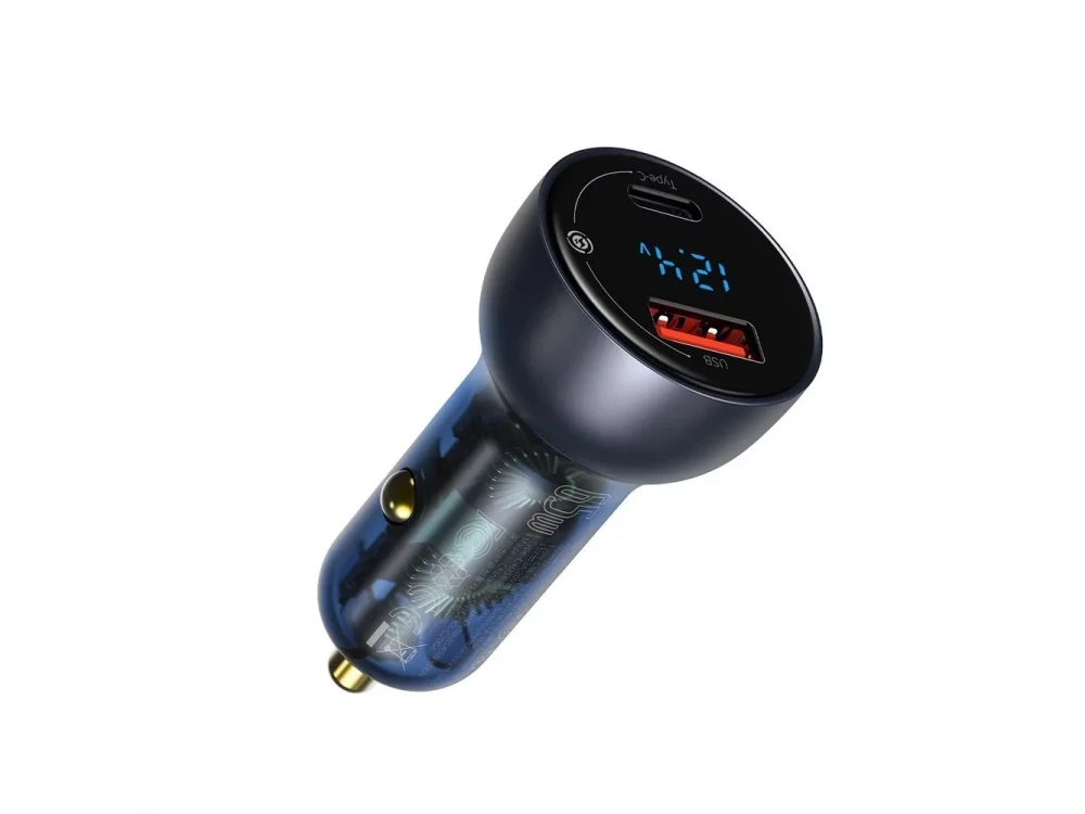Baseus Car Charger with Digital Display 65W, QC+PPS with 1xUSB-A, 1xUSB-C, with USB-C Cable, Gray