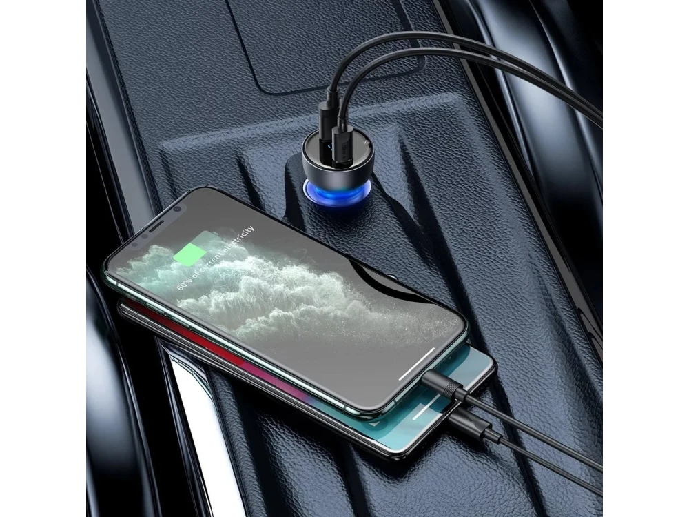 Baseus Φορτιστής Αυτοκινήτου με Ψηφιακή Ένδειξη 65W, QC+PPS με 1xUSB-A, 1xUSB-C, με Καλώδιο USB-C, Γκρί