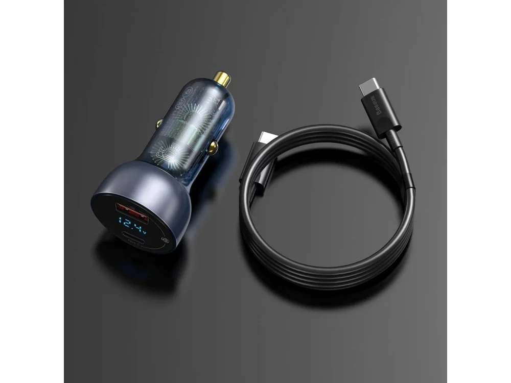 Baseus Car Charger with Digital Display 65W, QC+PPS with 1xUSB-A, 1xUSB-C, with USB-C Cable, Gray