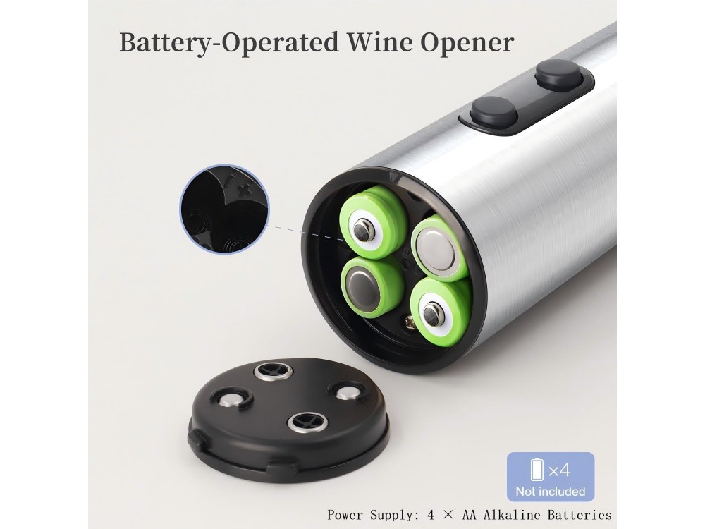 AJ Electric Wine Opener, Automatic Corkscrew, Foil Cutter, LED Light & Transparent Window, Ηλεκτρικό Ανοιχτήρι Κρασιού, Silver