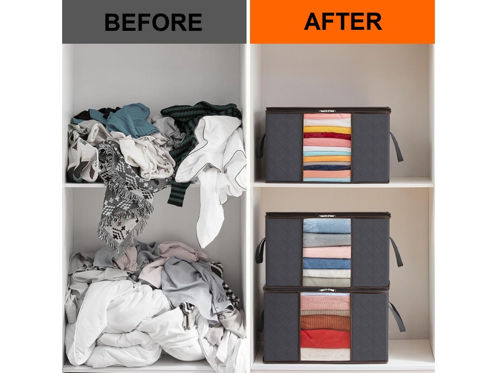 AJ Clothes Storage Organizer Bags 75L, Κουτιά Αποθήκευσης Ρούχων με 2 Ανοίγματα & Παράθυρο, Σετ των 3τμχ, 58x39x33cm, Dark Grey