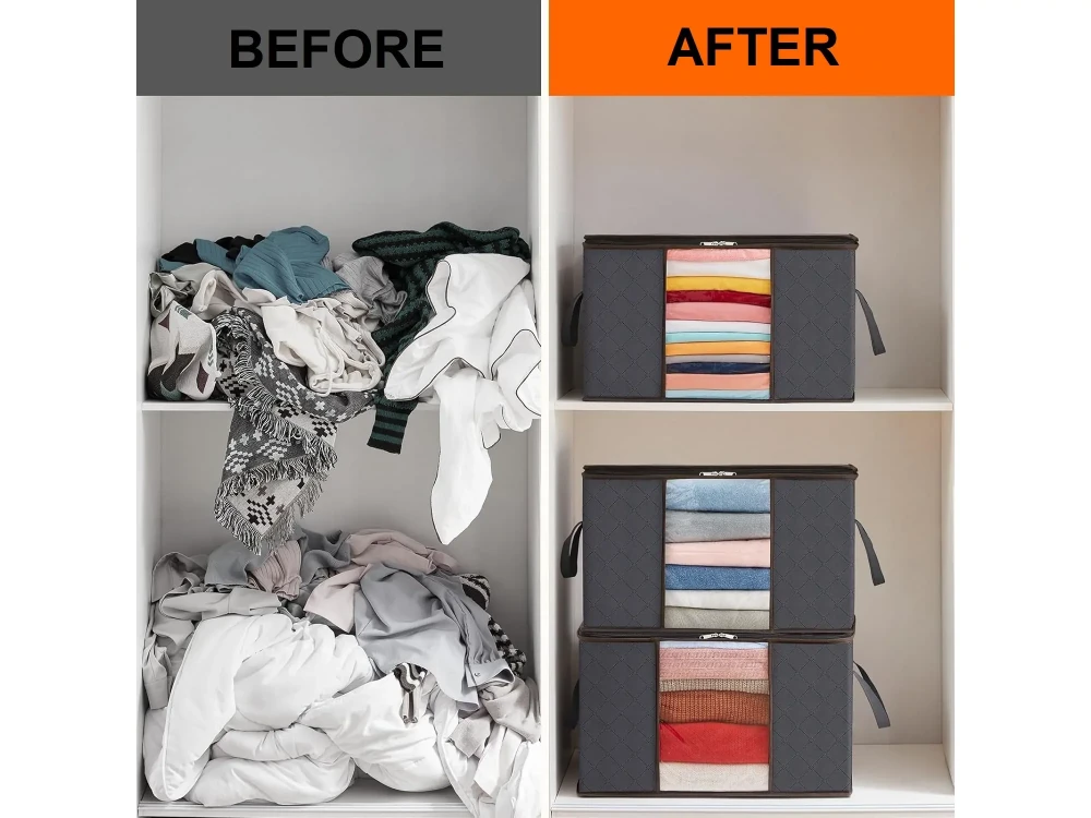 AJ Clothes Storage Organizer Bag 75L, Κουτί Αποθήκευσης Ρούχων με 2 Ανοίγματα & Παράθυρο, 58x39x33cm, Dark Grey