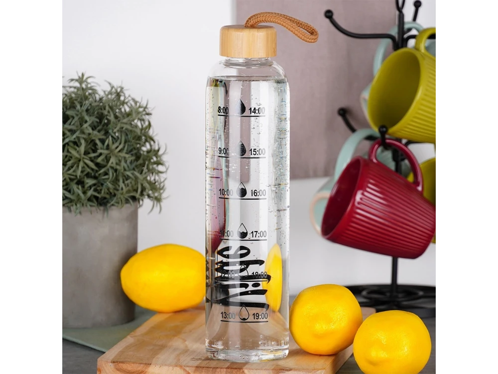 Vilde Water Bottle Glass 1L, Glass Bottle with Time Indicator with Bamboo Lid & Airtight Closure