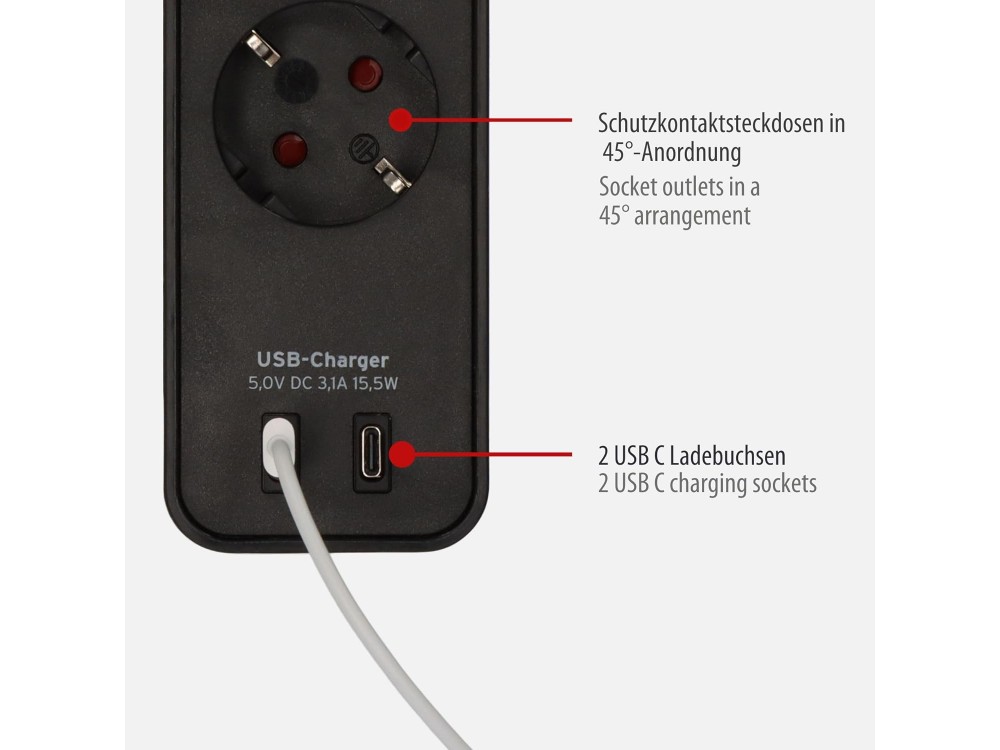 Brennenstuhl Ecolor 4-outlet Extension socket, Πολύπριζο με 2 Θύρες Type-C, Διακόπτη & 1.5M Καλώδιο, Black