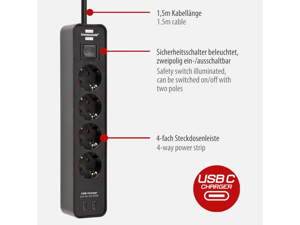 Brennenstuhl Ecolor 4-outlet Extension socket, Πολύπριζο με 2 Θύρες Type-C, Διακόπτη & 1.5M Καλώδιο, Black