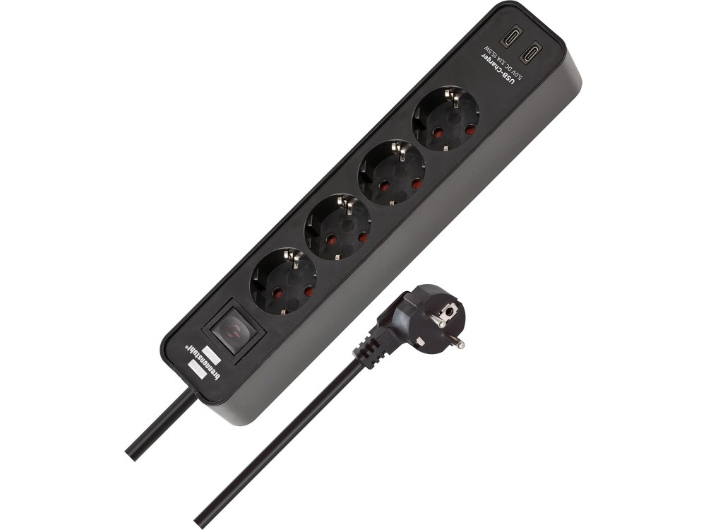 Brennenstuhl Ecolor 4-outlet Extension socket, Πολύπριζο με 2 Θύρες Type-C, Διακόπτη & 1.5M Καλώδιο, Black