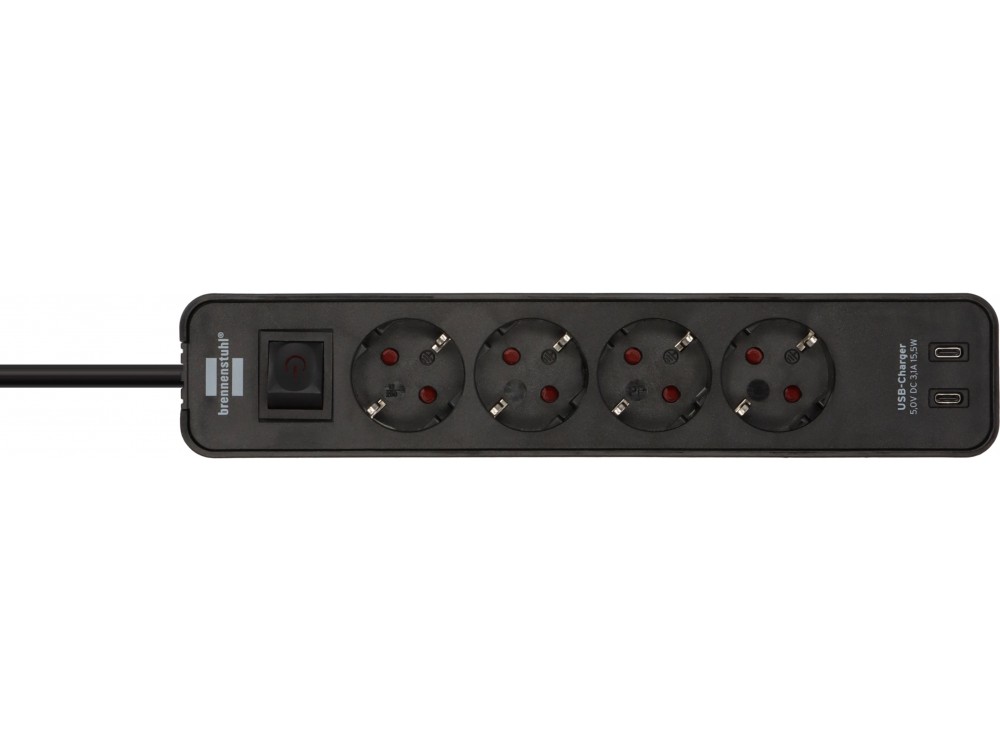 Brennenstuhl Ecolor 4-outlet Extension socket, Πολύπριζο με 2 Θύρες Type-C, Διακόπτη & 1.5M Καλώδιο, Black