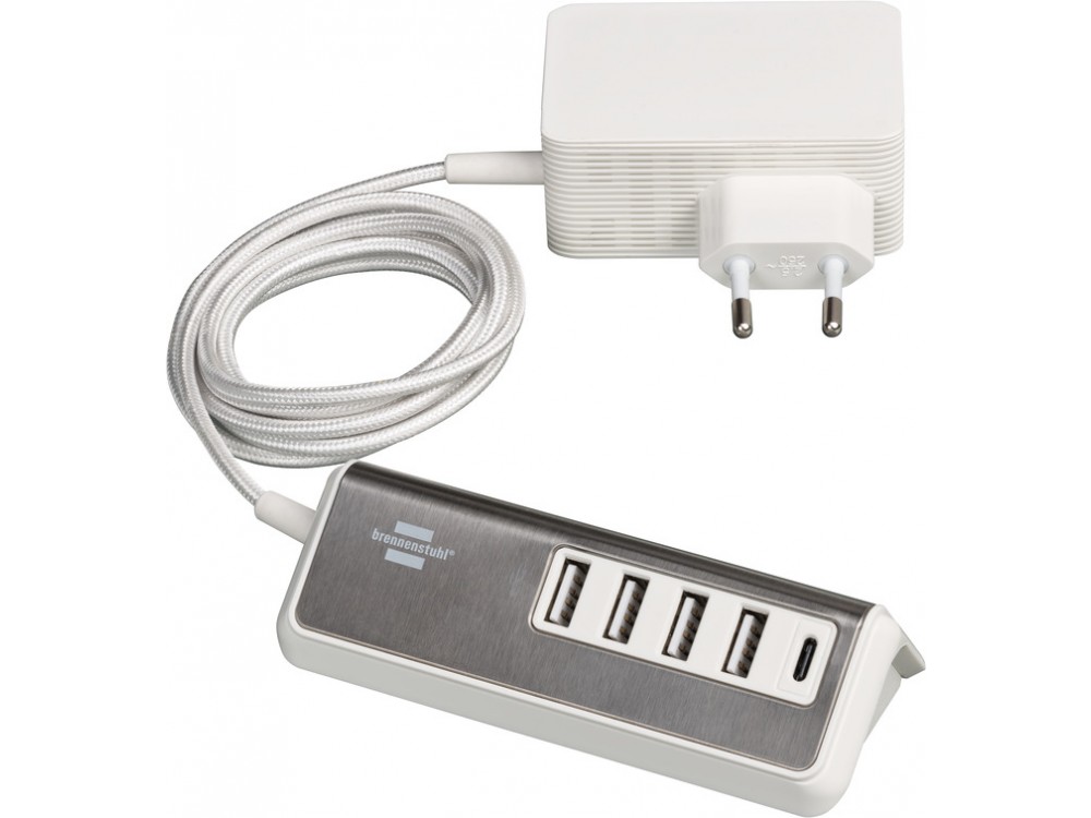 Brennenstuhl Estilo 5-outlet Multiple Port PD USB Charger, Wall Charger 4-ports 41W with Power Delivery, 1.5M Cable, Inox