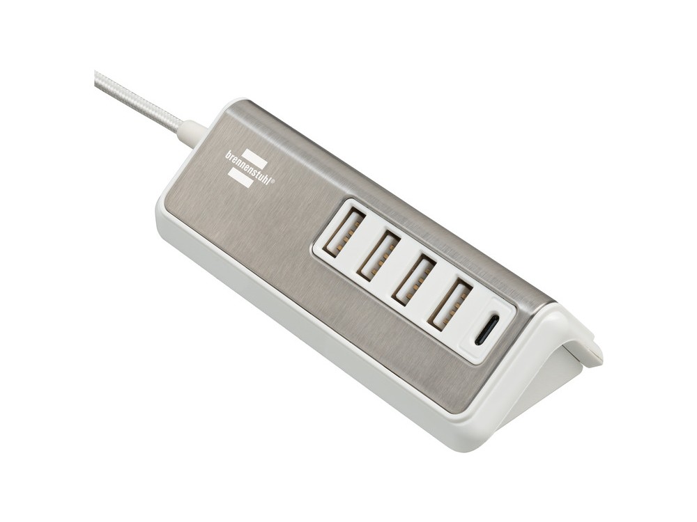 Brennenstuhl Estilo 5-outlet Multiple Port PD USB Charger, Wall Charger 4-ports 41W with Power Delivery, 1.5M Cable, Inox