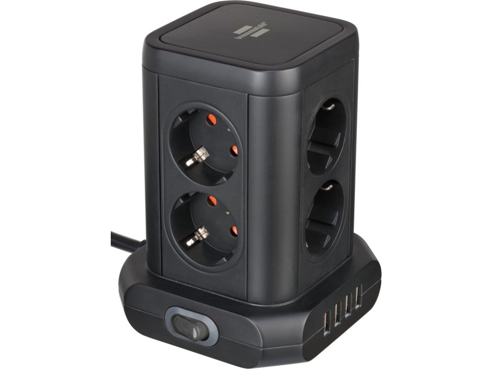 Brennenstuhl Tower Socket PowerCube Πολύπριζο 8 Πριζών & 4 Θύρες Φόρτισης USB, 2Μ Καλώδιο, Μαύρο