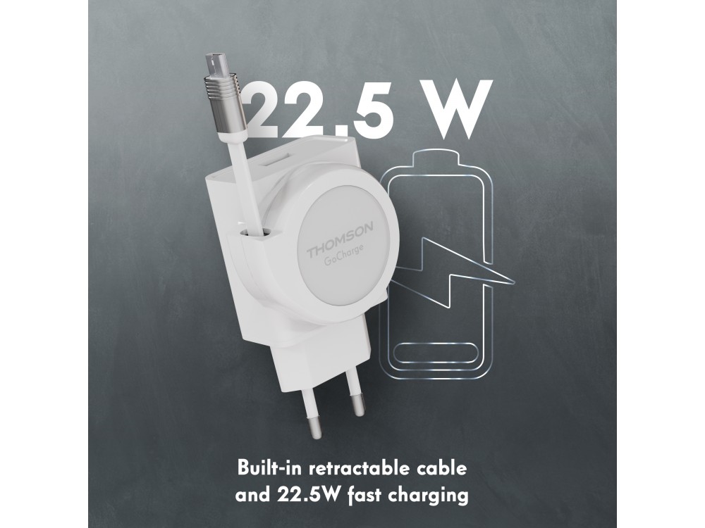 Thomson GoCharge PD 22.5W με Ενσωματωμένο Καλώδιο 90cm & USB-A Θύρα 18W QC3.0, White