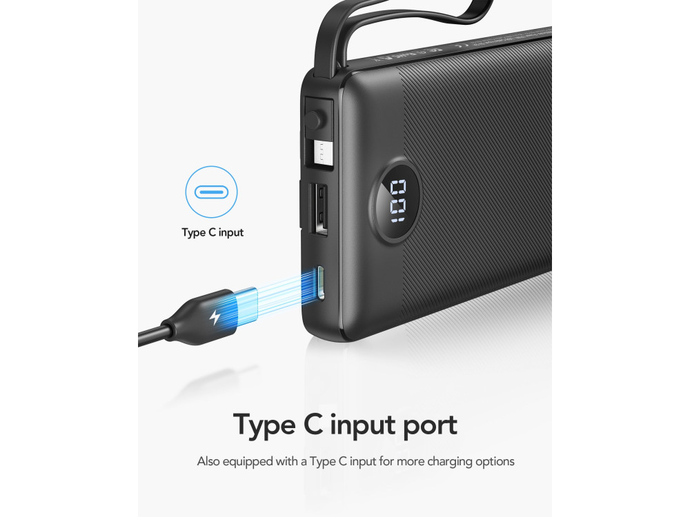 Veger VP1116 10000 USB-C Power Bank 10.000mAh with 4 Built-in Cables (Micro USB / Type-C / USB-A / Lightning), Black