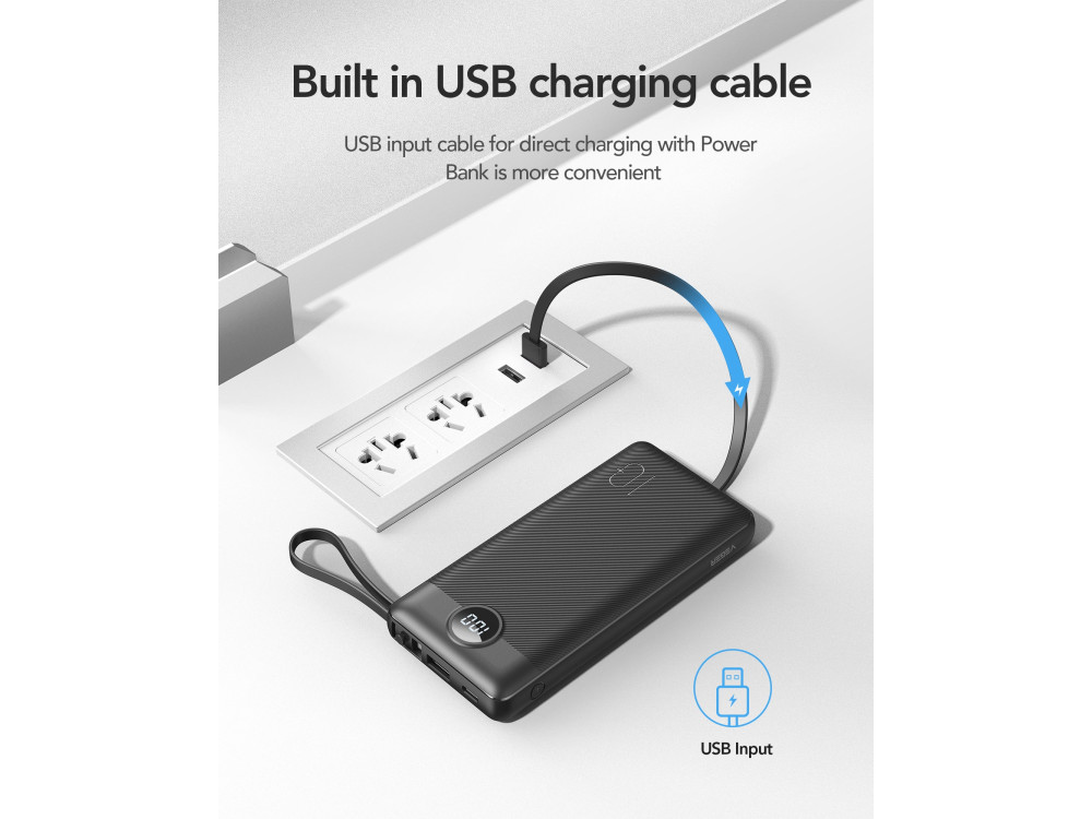 Veger VP1116 10000 USB-C Power Bank 10.000mAh με 4 Built-in Καλώδια (Micro USB / Type-C / USB-A / Lightning), Μαύρο