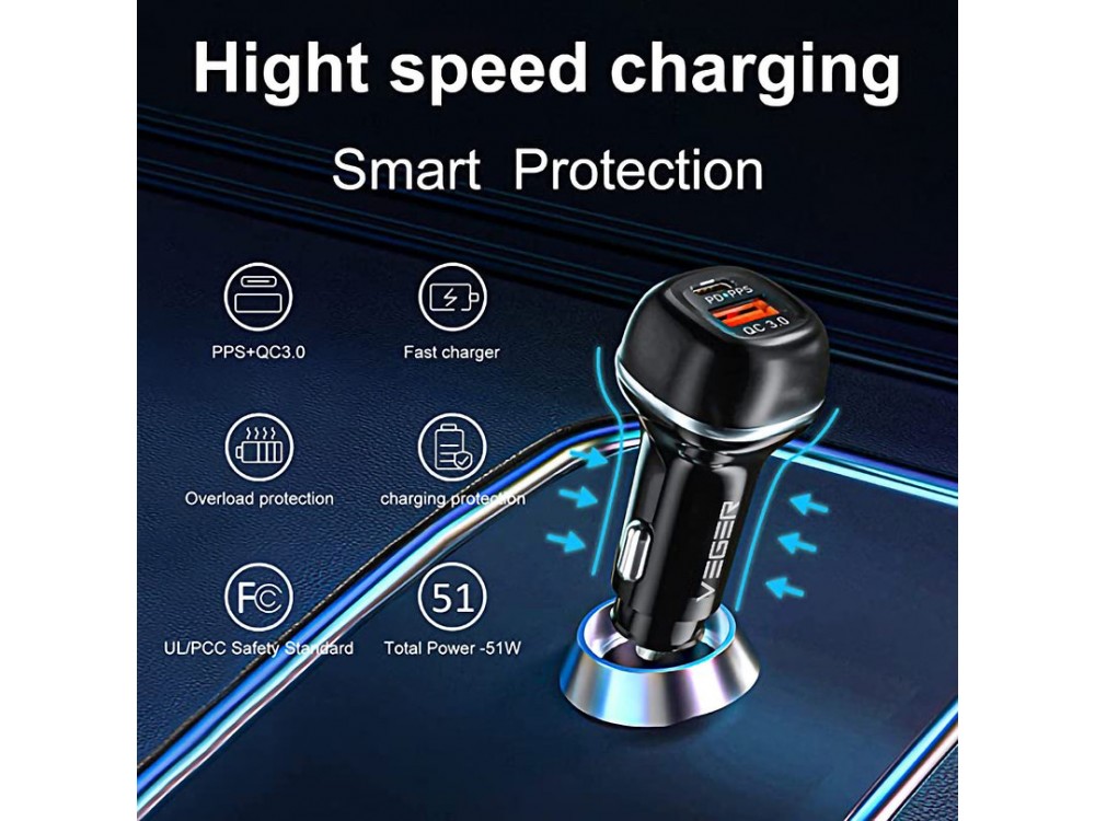 Veger CC62-1A1C Car Charger 51W Power Delivery, QC, with USB-A & USB-C Ports - Black