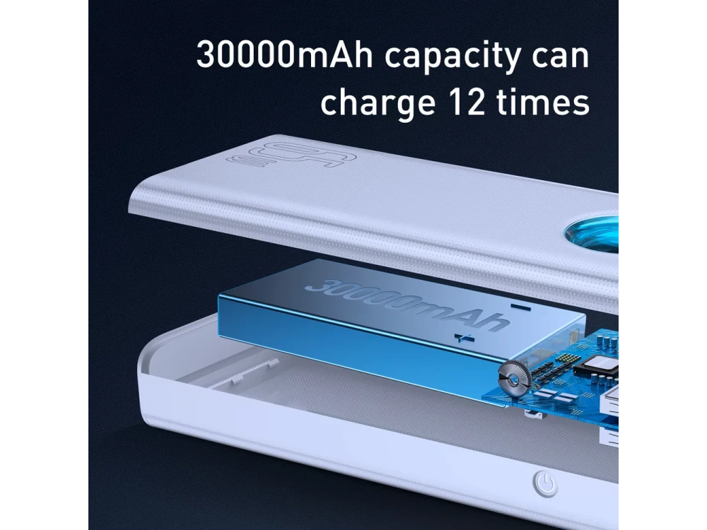 Baseus Amblight Power Bank 30000mAh 65W with 4 USB-A Ports & 1 USB-C Port Power Delivery / Quick Charge 3.0, White