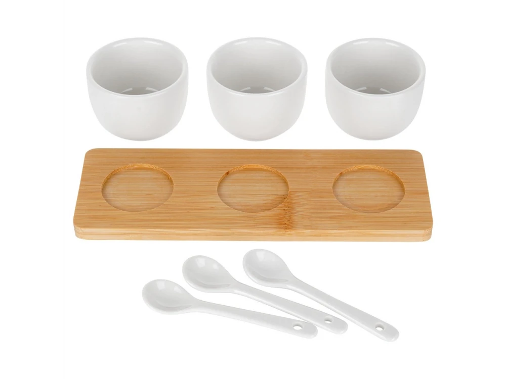 Vilde Snack Bowls with Spoons Ceramic, Set of 3 with Spoons & Bamboo Base, White