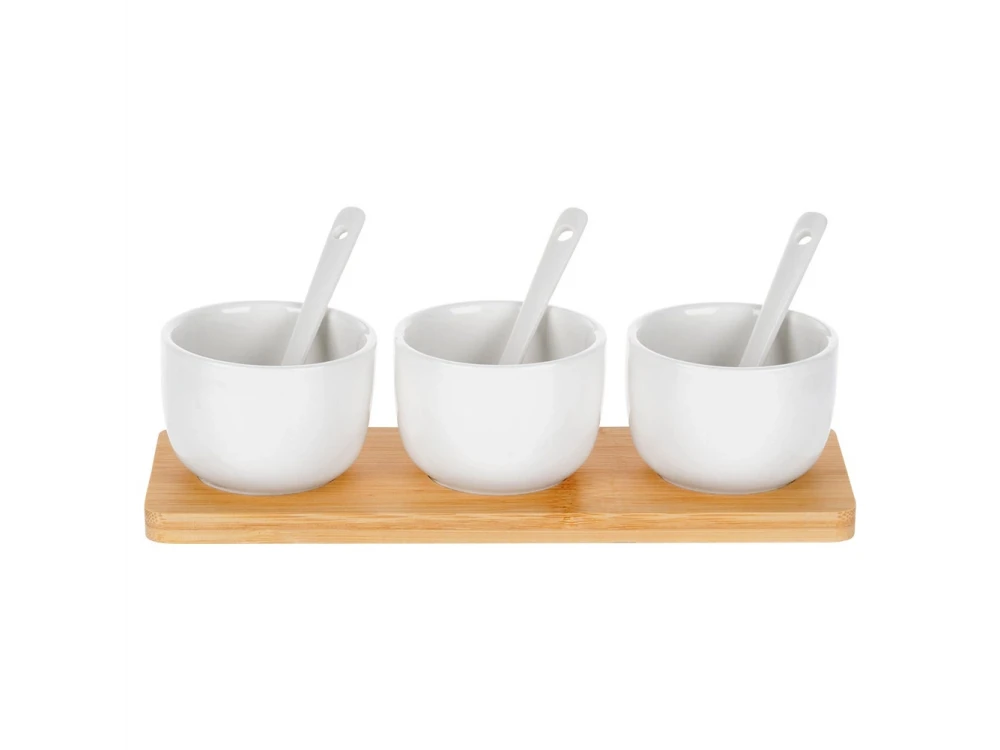 Vilde Snack Bowls with Spoons Ceramic, Set of 3 with Spoons & Bamboo Base, White
