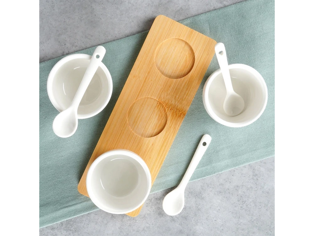 Vilde Snack Bowls with Spoons Ceramic, Set of 3 with Spoons & Bamboo Base, White